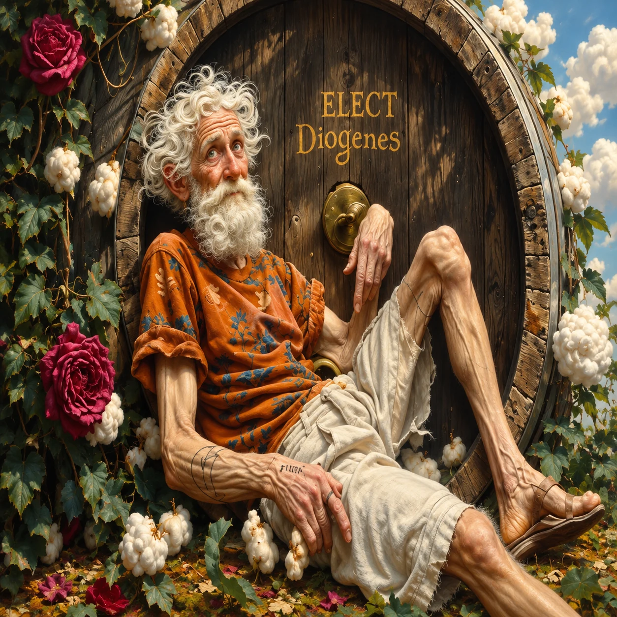 Diogenes resting in his flower-framed barrel home beneath an Elect Diogenes sign.