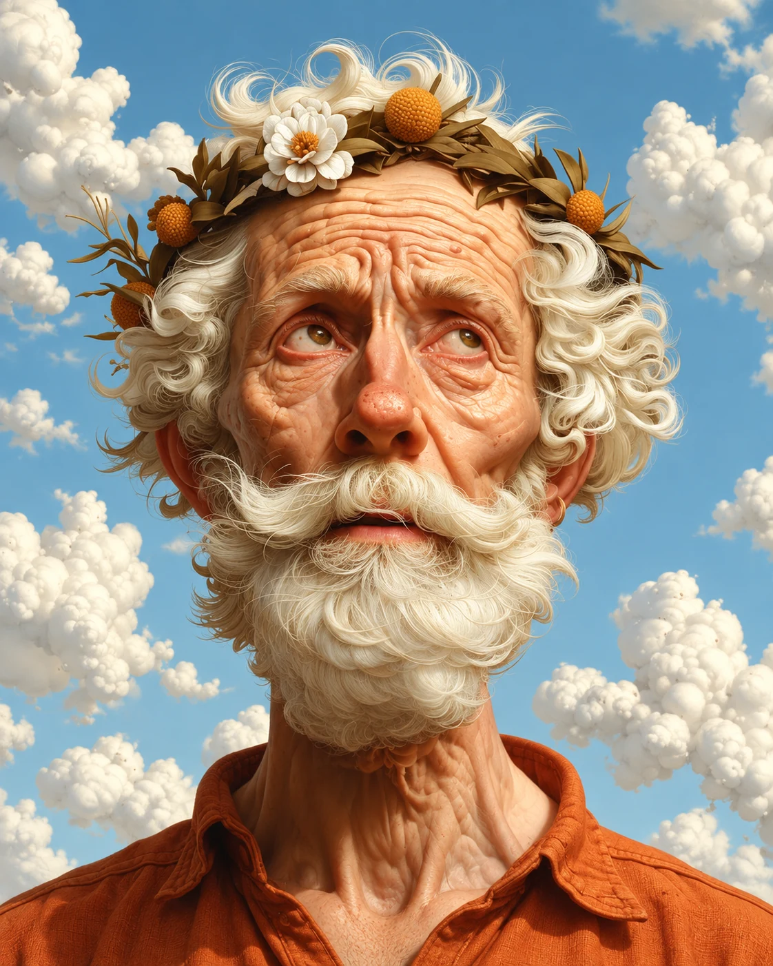 Diogenes, crowned with flowers, looking thoughtfully toward a sky of whimsical clouds.