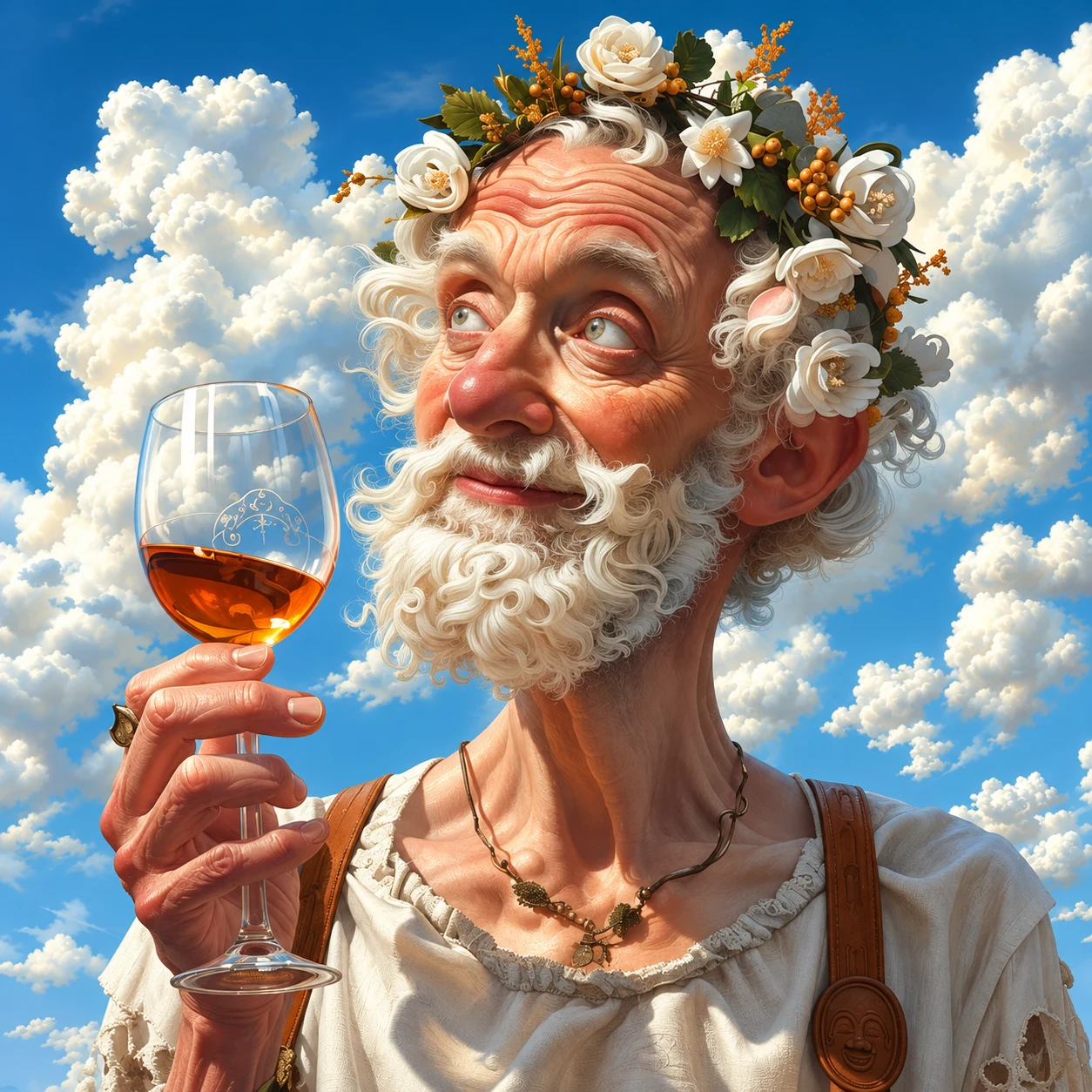 A flower-crowned Diogenes raising a glass with a knowing smile among the clouds.